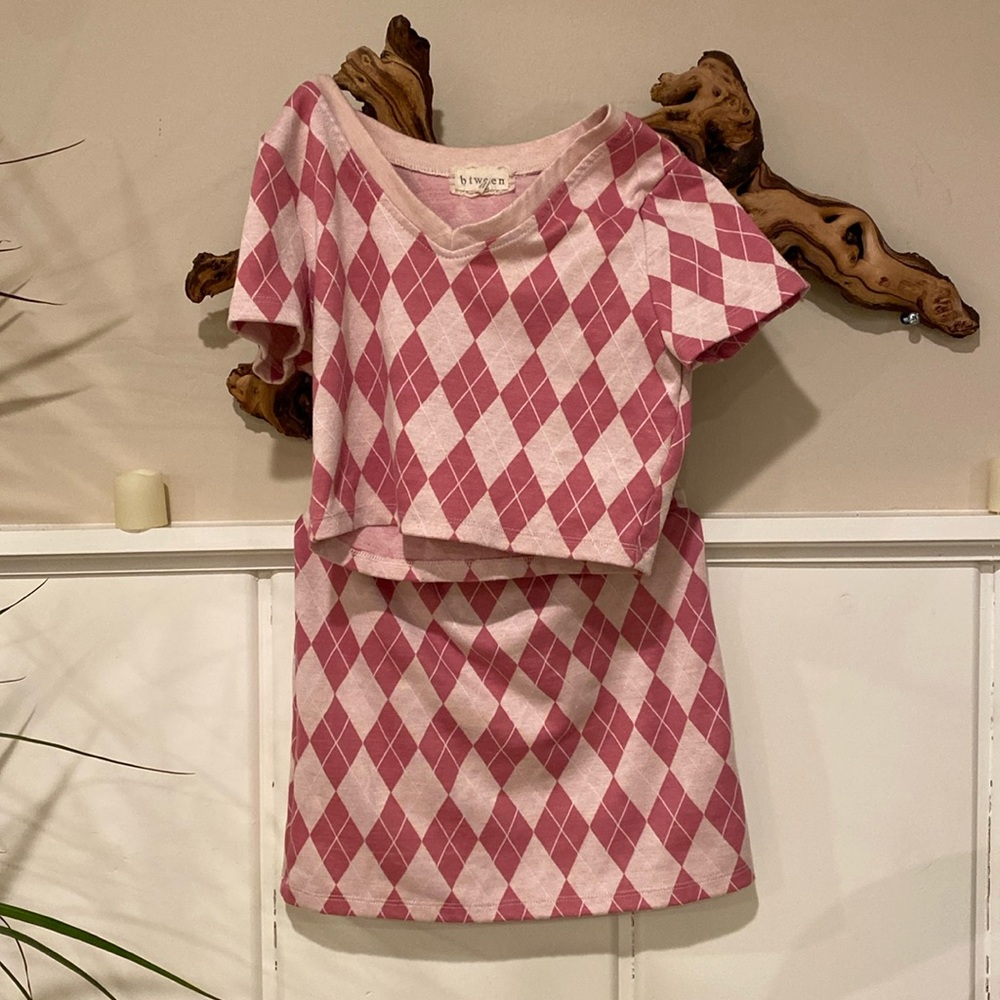 Pink checkered pattern crop top/skirt set